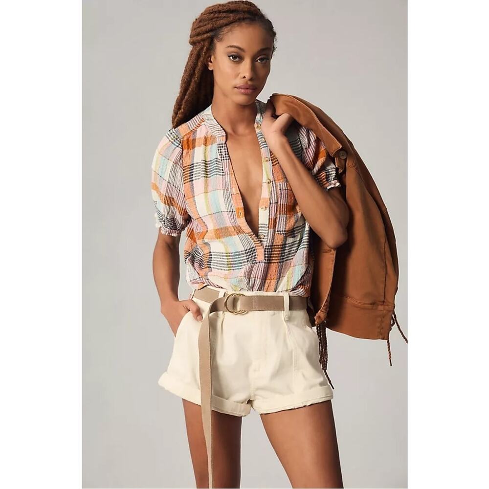 Anthropologie Pilcro Aly Puff Sleeve Plaid Blouse Small Petite